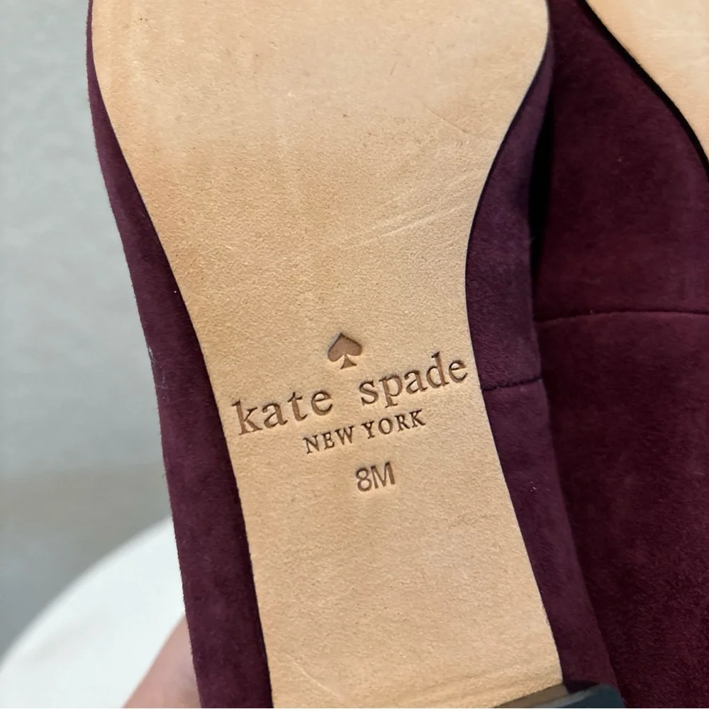 kate spade Burgundy Suede Pointed-Toe Flats with Black Ribbon Trim